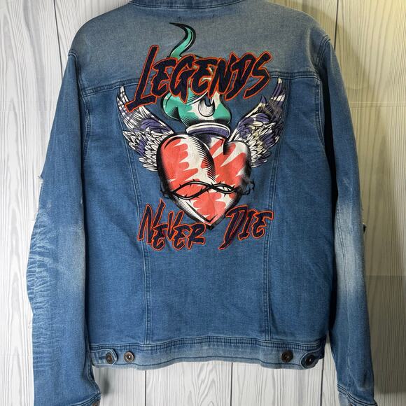 Black Pike LEGENDS NEVER DIE Juice Wrld Denim Coat Jean Jacket Size Large - Picture 5 of 10